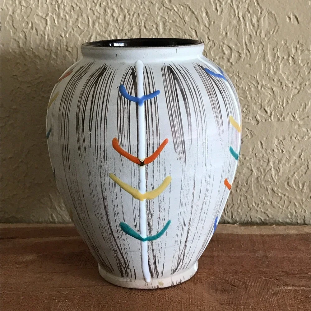 Vintage U-Keramik Sgraffito Bark Vase West Germany Pottery 525-13 MCM Chevron